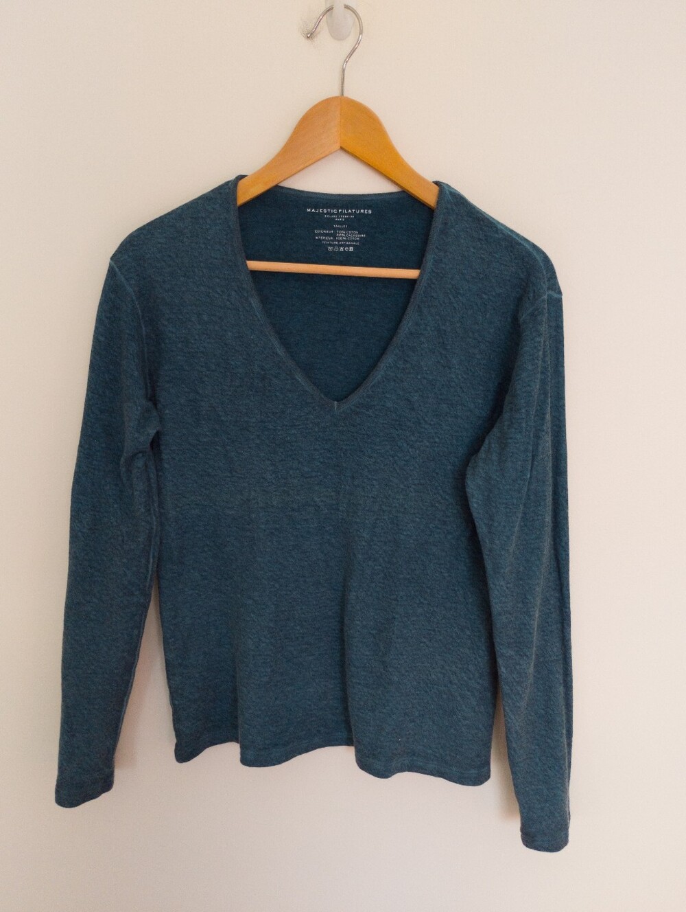 Majestic Filatures Cotton Cashmere V-Neck Long Sleeve Top Teal Blue Size Small